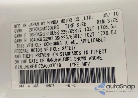 2010 Honda Cr-V Ex-L z USA, uszkodzony, nr VIN JHLRE4H72AC007519